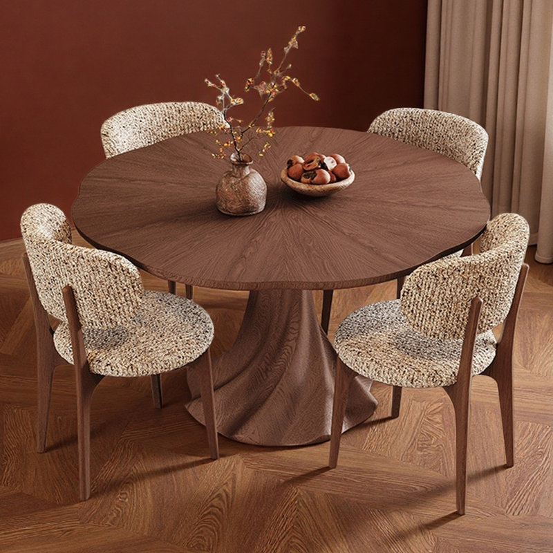 Table ronde brune foncée de forme intéressante, 5 pièces: table, 4 chaises, H 29,52 po x l 47,24 po x P 47,24 po