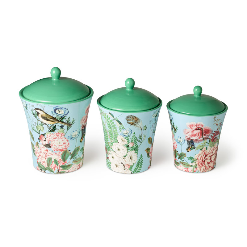 Flora Green Ceramic Canister Set with Butterfly Design, 3-Piece