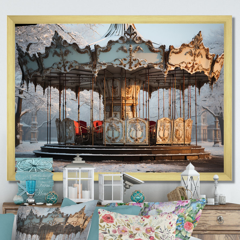 Carousel Winter Scenery In Paris sur impression sur toile, Cadre doré simple, H 16 po x l 32 po x P 1 po