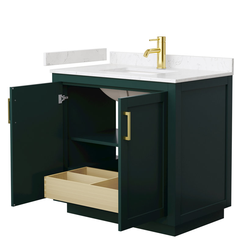 Miranda 36" Freestanding Single Bathroom Vanity with Cultured Marble Top, Carrara Cultured Marble, Green, Brushed Gold