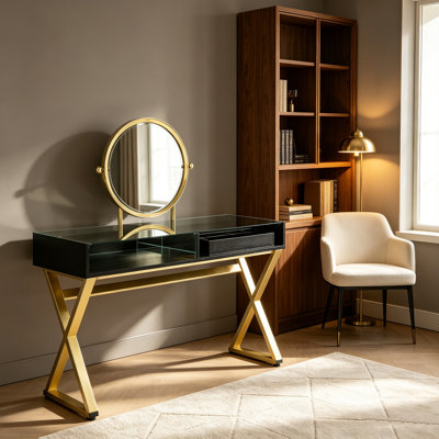 Coiffeuse en métal noir et or avec miroir rond rabattable et rangement