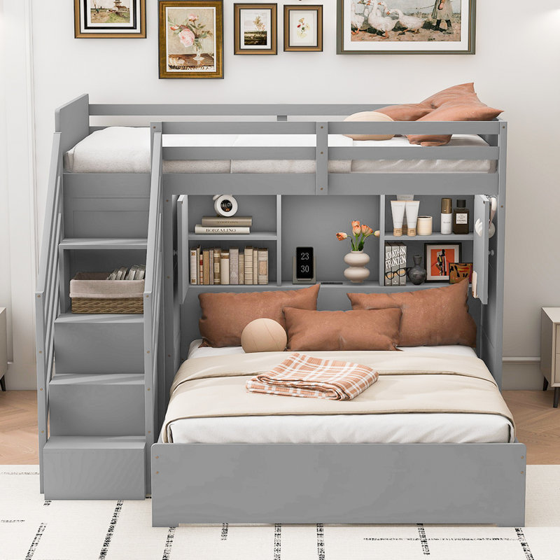 Lit superposé avec escalier de rangement, garde-robe, USB et lumière, Gris