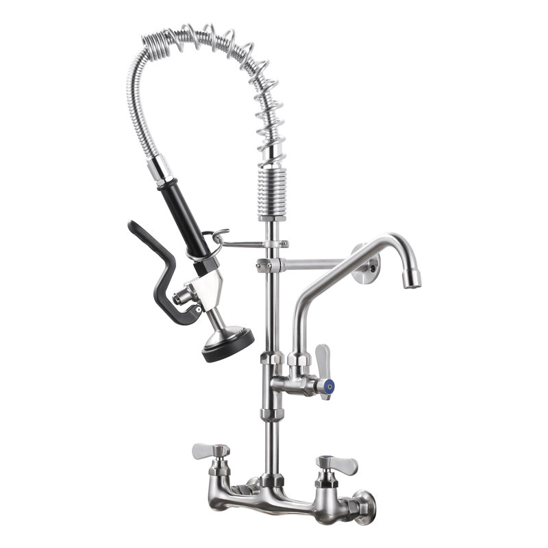 Wall Mount Triple Handle Pull Down Sprayer Kitchen Faucet With Pre-Rinse Sprayer With Advanced Spray In Brushed Nickel