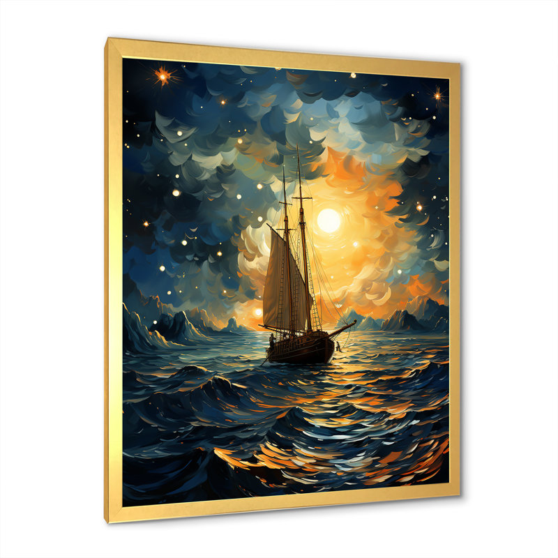 Clair de lune, voilier Horizon I, Cadre doré simple, H 32 po x l 16 po x P 1 po