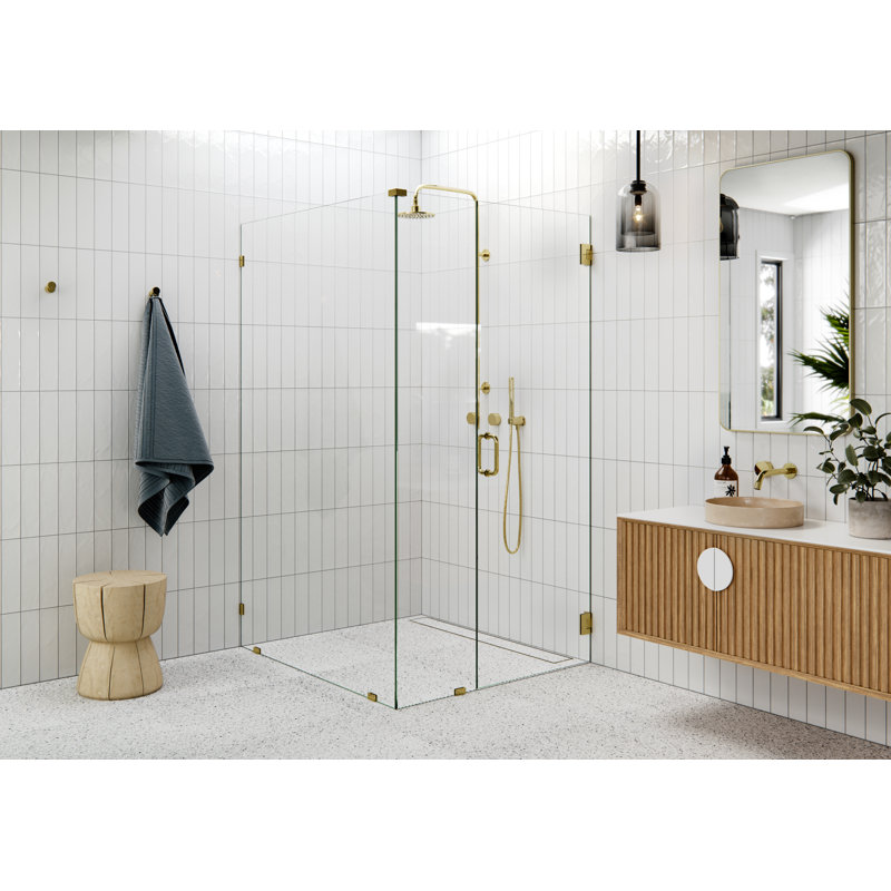 78" H Pivot Frameless Shower Door, Polished Brass