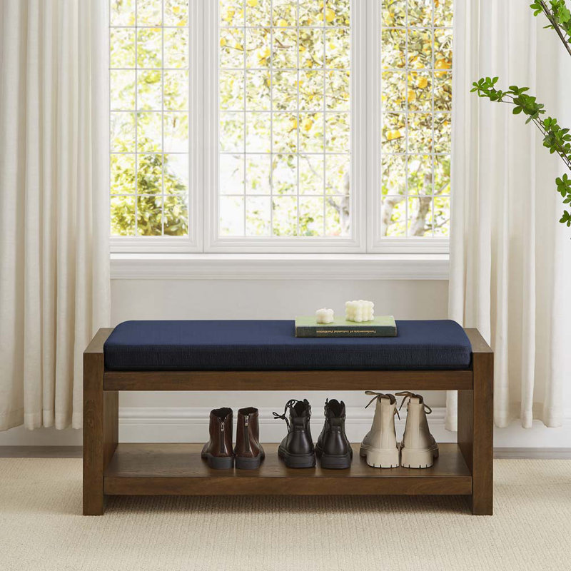 Banc d'appoint avec étagère à chaussures inférieure et banc de siège rembourré, Marine, H 18,5 po x l 40 po x P 16,25 po