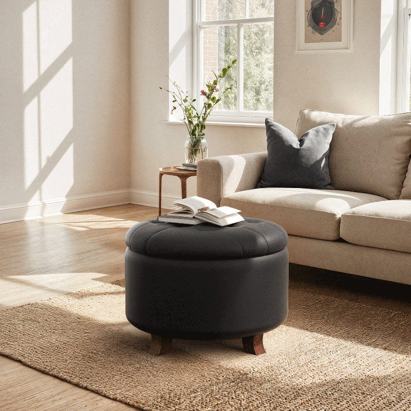 Storage Ottoman With Padded Seat, Modern PU Leather Footrest, Round Stool For Living Room Bedroom, Black