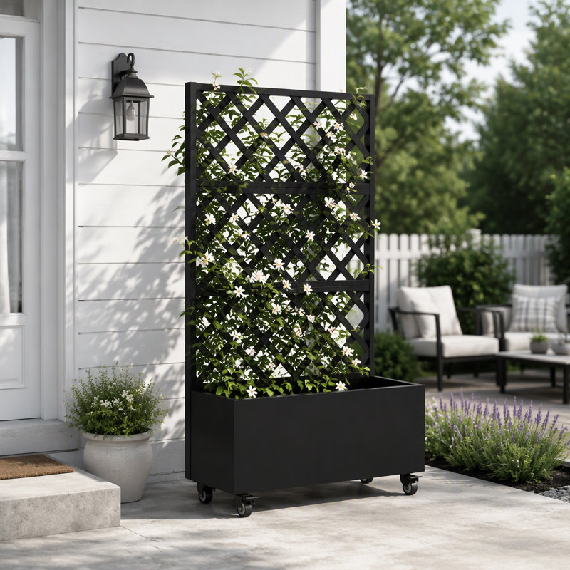 Galvanized Steel Raised Garden Bed with Trellis and Wheels for Outdoor Climbing Plants and Vegetables