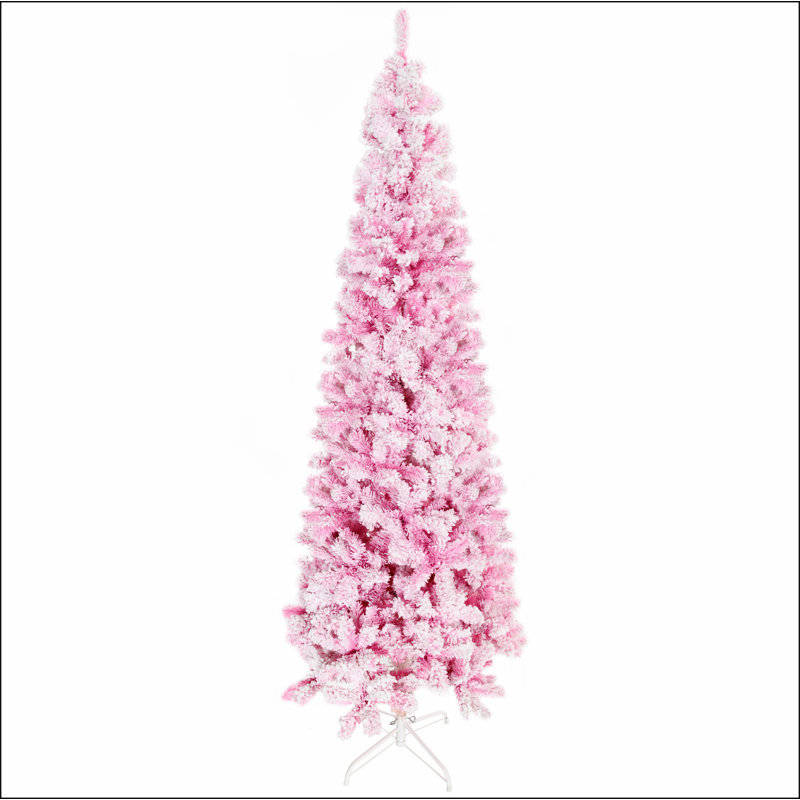 Arbre de Noël artificiel enneigé 7,5 pi de hauteur avec pin et branches réalistes, rose