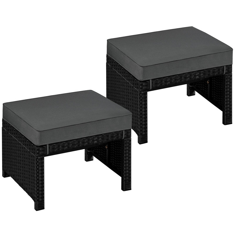 Repose-pieds en osier avec coussins amovibles Botond, Gris, Noir