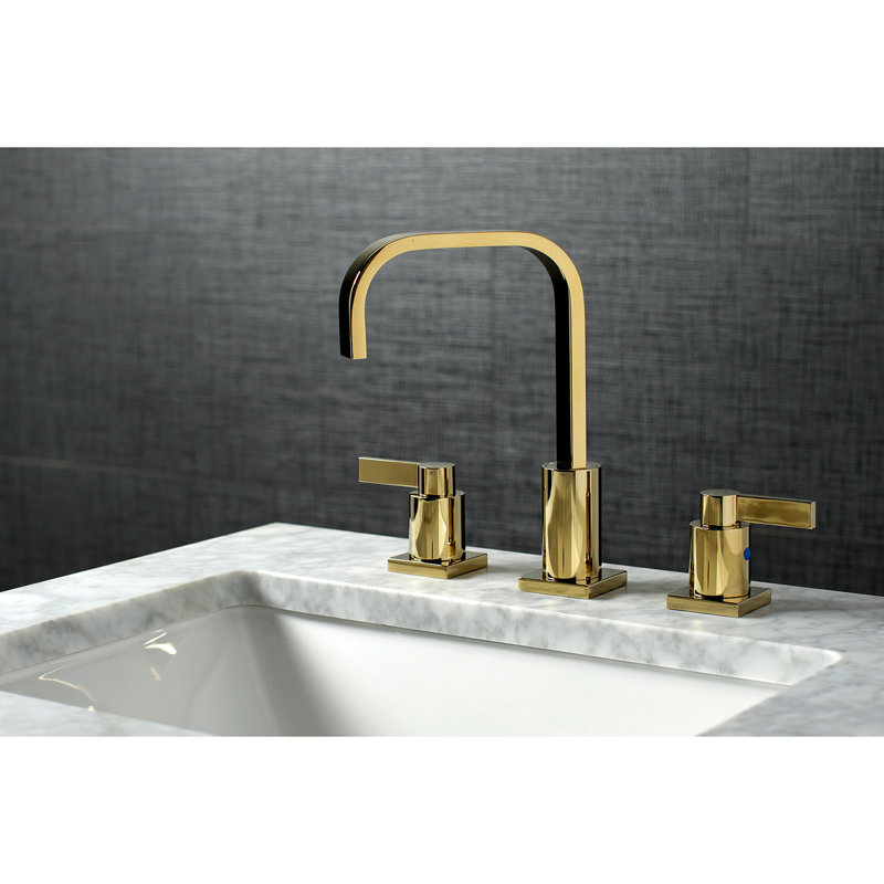 Kingston Brass NuvoFusion Two-Handle 3-Hole Deck Mount Widespread Bathroom Faucet with Retail Pop-Up Drain, Polished Brass