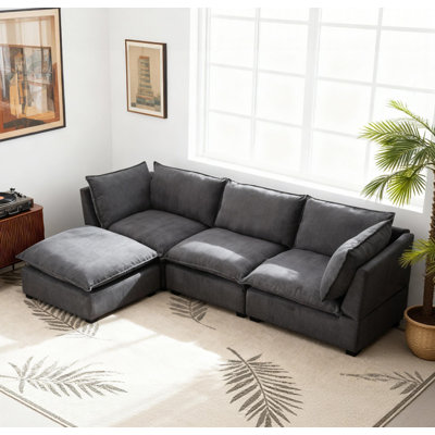 Modern Sectional Sofa,L-Shape Linen Fabric Corner Couch Set with Convertible Ottoman for Living Room, Apartment, Office,Blue by Ebern Designs