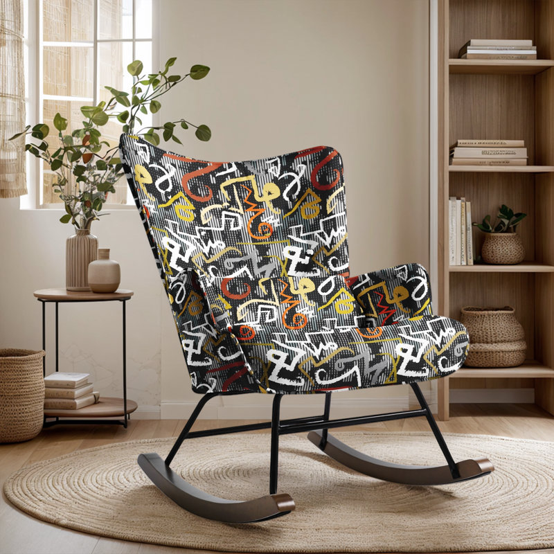 Cyra Rocking Chair, Black/Orange/Yellow Abstract