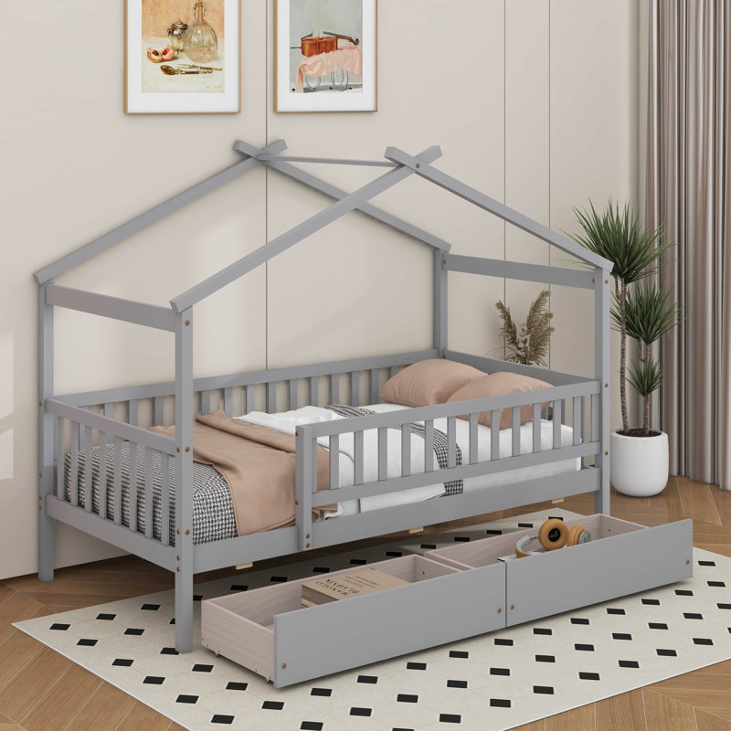 Lit double en bois avec tiroirs, Gris