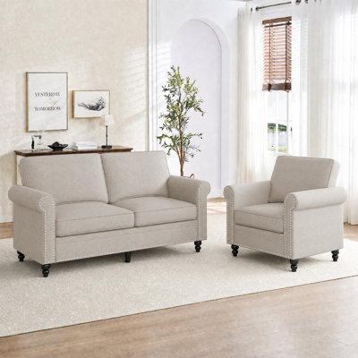 Linen 2+1 Seater Sofa Set, Classic Rolled Arm Loveseat & Accent Chair Combo with Rivet Detailing, Solid Wood Gourd Legs Upholstered Living Room Furniture
