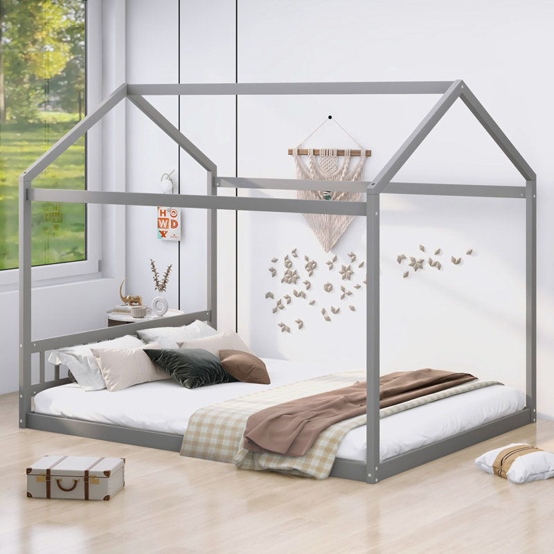 Wooden House Bed With Headboard, Gray