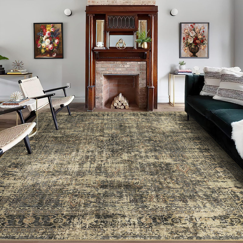 Machine Washable Rug Oriental Vintage Non-Slip Low Pile Rubber Backing Area Rug for Living Room Bedroom Kitchen Dining Room
