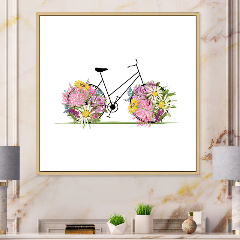 Illustration florale de vélo III - sur, H 36 po x l 36 po x P 1,5 po, Toile naturelle avec cadre flottant
