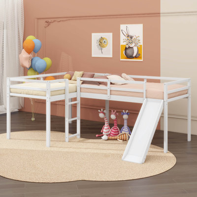 L-Shaped Twin Size Loft Bed with Ladder and Slide