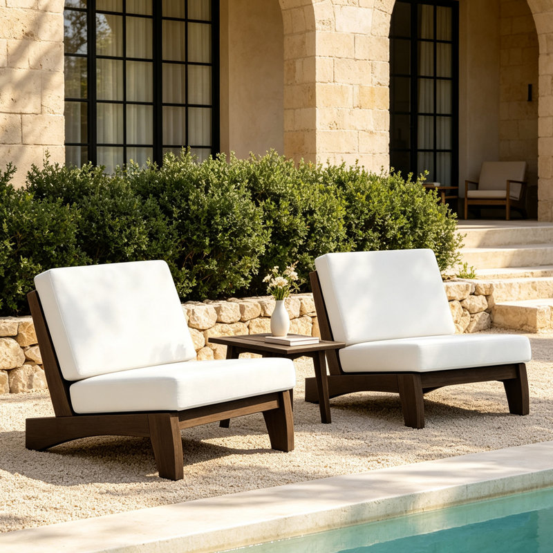 Polett All-Weather 2-Person Solid Teak Patio Set, Complete Outdoor Seating Group with Armless Chairs, Cushions & Side Table