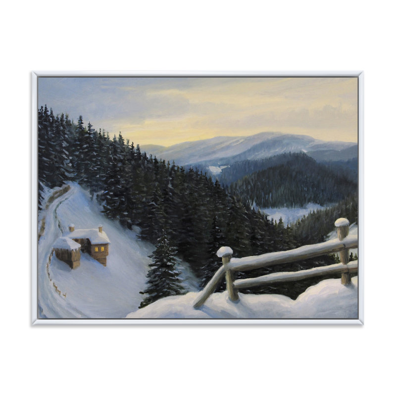 Vue sur les sommets enneigés - Peinture sur toile, H 16 po x l 32 po x p 1 po, Cadre flottant blanc