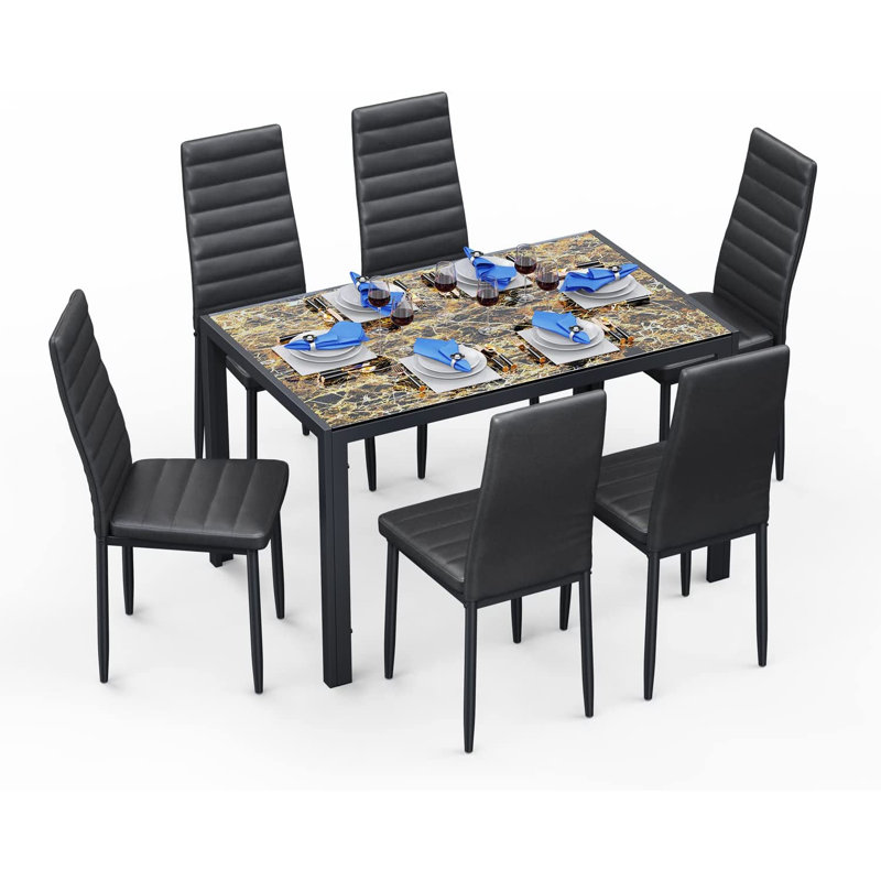 7 - Piece Glass Top Dining Set, Dining Table with 6 Faux Leather Chairs, Black, Marble