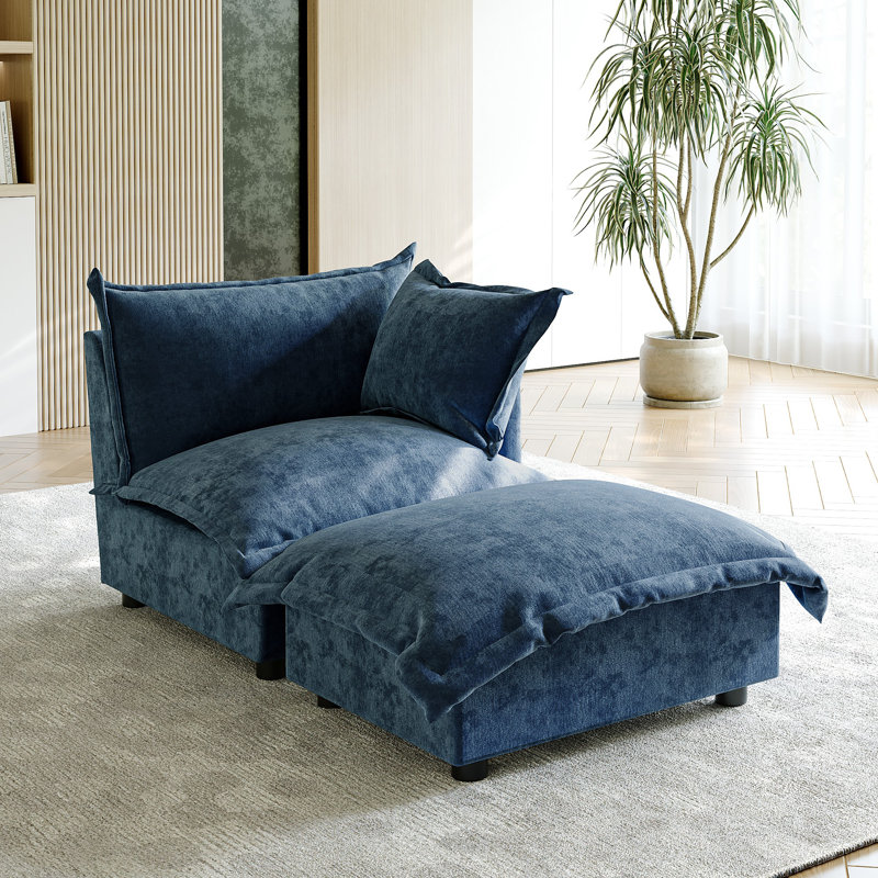Plush Navy Upholstered Chenille Accent Chair with Oversized Cloud Cushions and Movable Ottoman, Navy