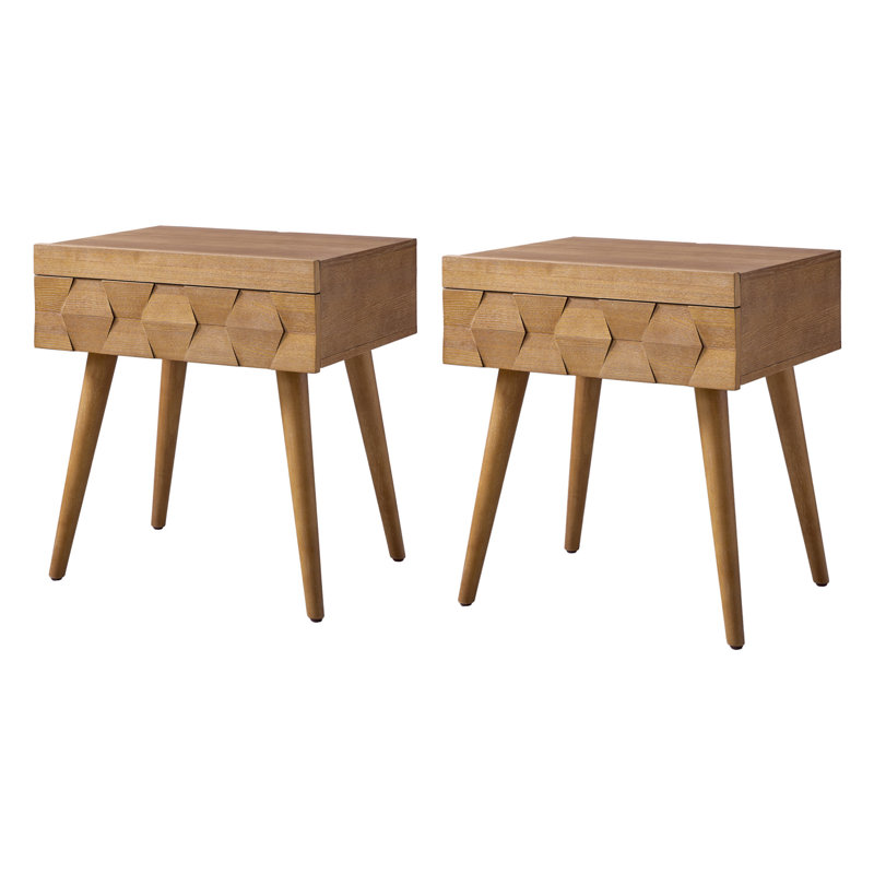 Sara Mid-Century Modern Nightstand With Pull-Out Shelf and Built-in Charging Station Set of 2, Seadrift