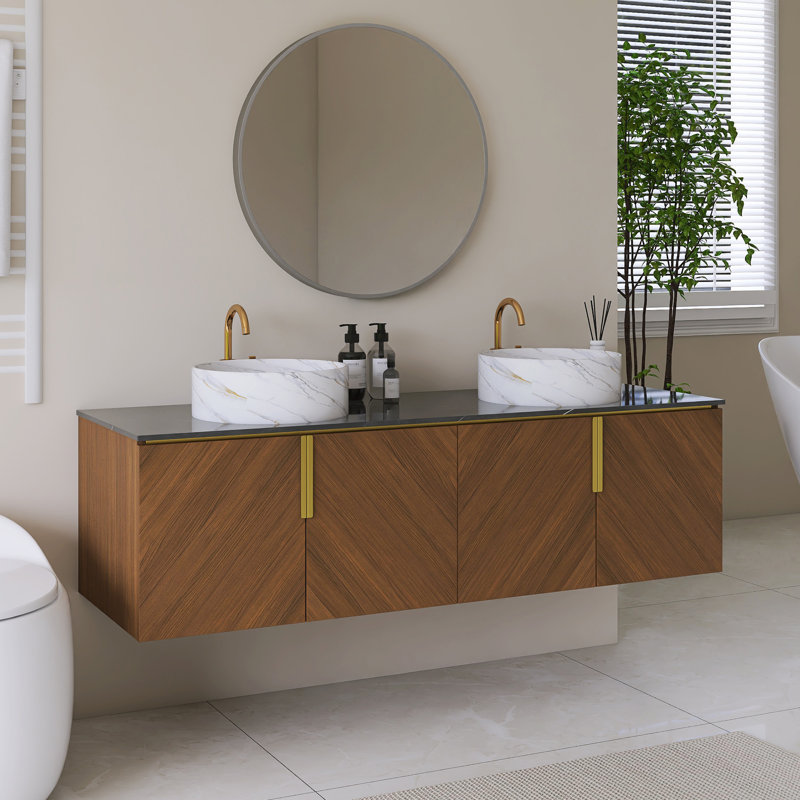 Meuble-lavabo simple 60 po en espresso avec comptoir en pierre frittée noire