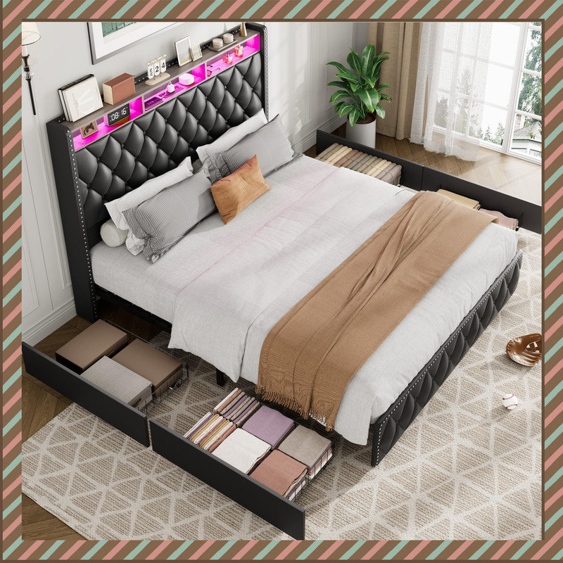 Queen Bed Frame with 50.8" Tall Headboard, 4 Storage Drawers, USB Charging Station & LED Lights, No Box Spring Needed, Easy Assembly