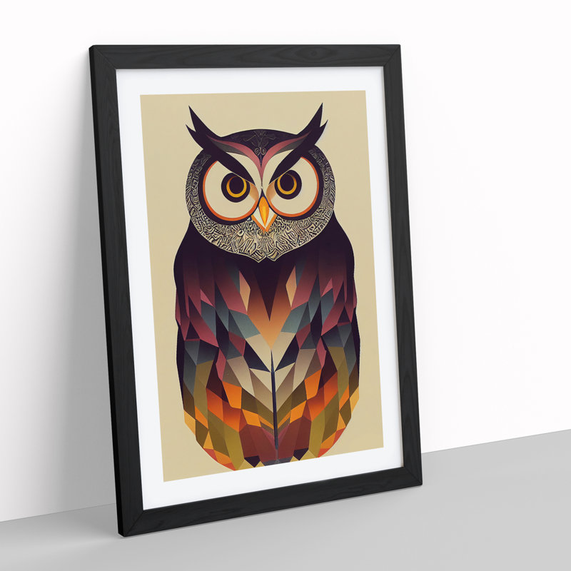 Unique Owl Art No.2 Abstract - Wall Art, Black Picture Frame, 66cm H x 48cm W, White