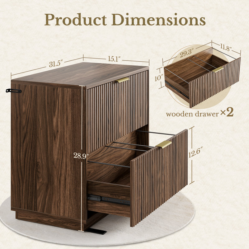32" 2 Drawer Fluted Lateral File Cabinet,Wood File Storage For Legal/Letter/A4/F4 Files – Home Office Organization