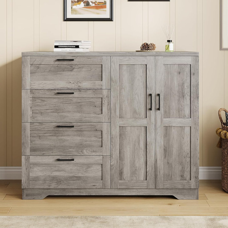 Double Door Four Drawer Wardrobe, Sturdy Bedroom Closet with Hanging Rail,Freestanding Storage Cabinet for Bedroom Hallway Living Room