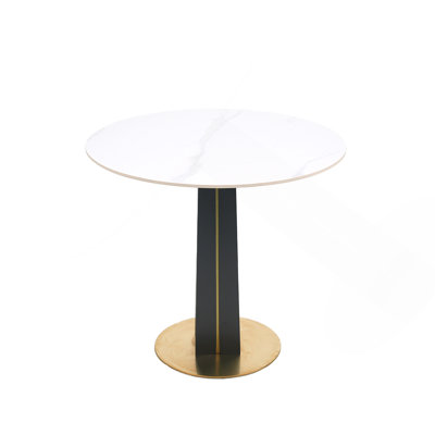 Modern Round Negotiation Table - 85Cm White Sintered Stone Top, Black Wooden Legs With Golden Metal Base