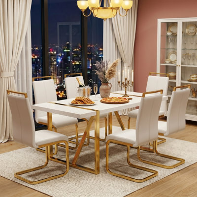 Modern Rectangular Glass Dining Table Set with Gold X-Shaped Pedestal Base