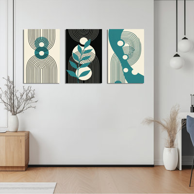 Abstract Geometric Pattern With Teal And Black Accents Canvas Wrapped Wall Art Oil Painting Print Set Of 3 For Living Room Bedroom Or Office Decor