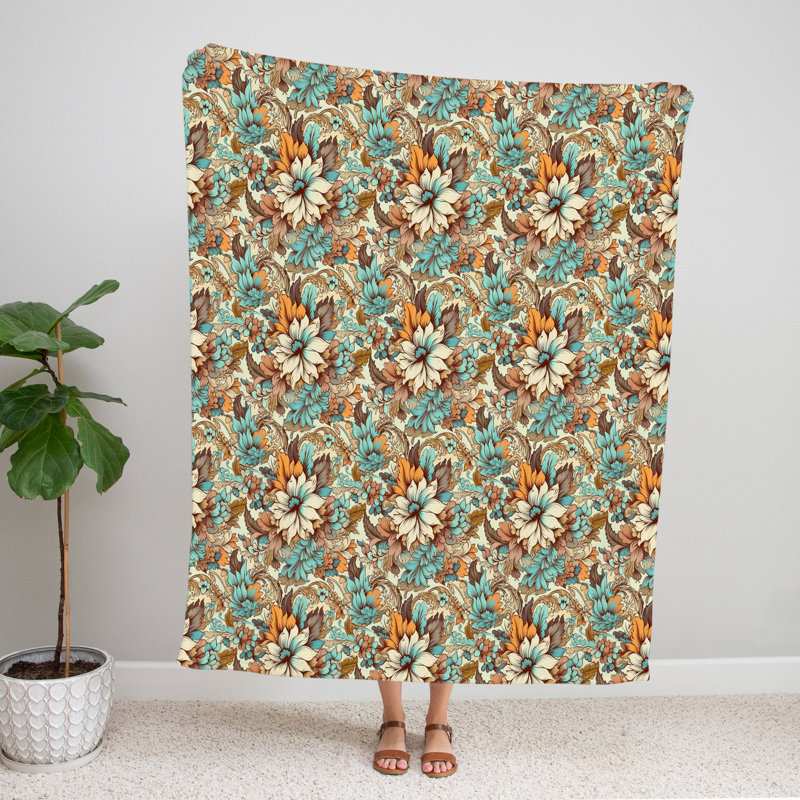 Throw Blanket, 50" W x 60" L, Floral, Light Orange/Blue