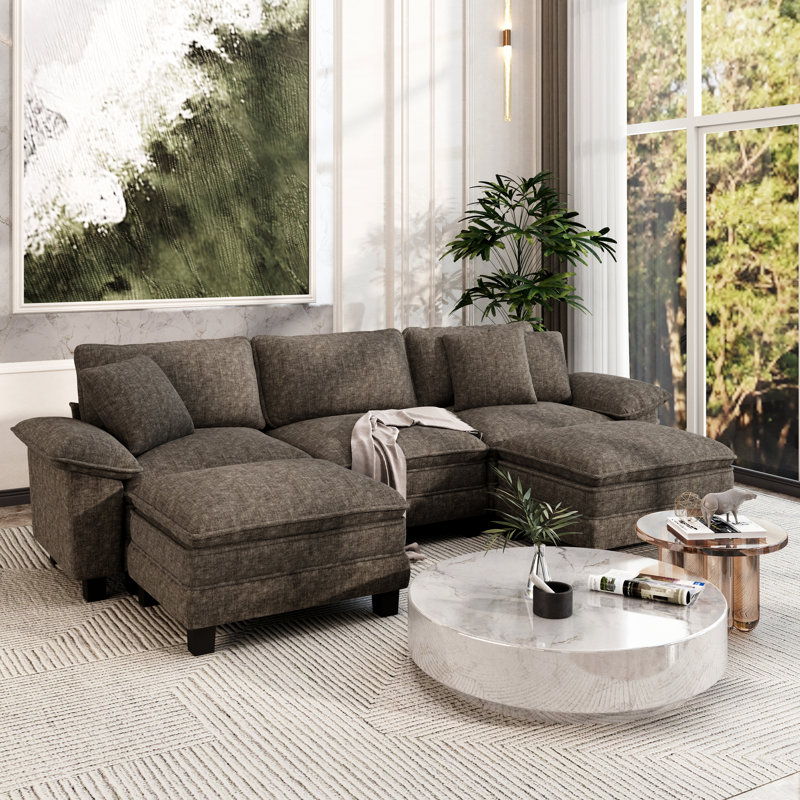 124" Modular Sectional Sofa, Oversized U Shaped Couches With Ottomans, 5-seater Deep Seat Sofa With Throw Pillow