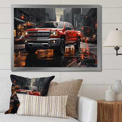 Red Pickup Truck Cityscape Hauler II - Transportation Canvas Art Print