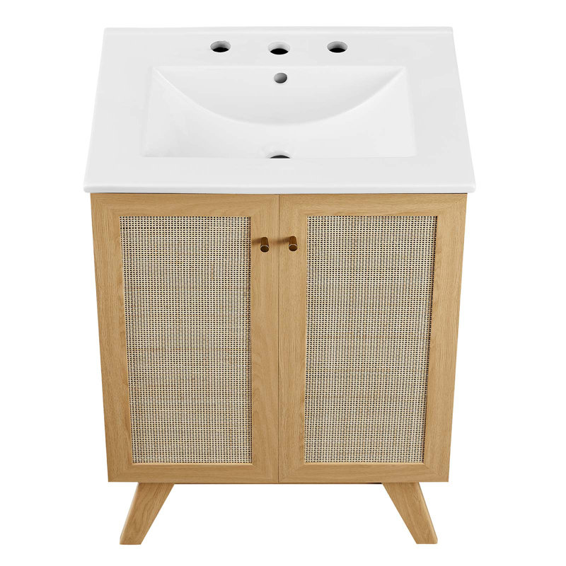 Soma 24" Oak and White Freestanding Bathroom Vanity with Rattan Detail
