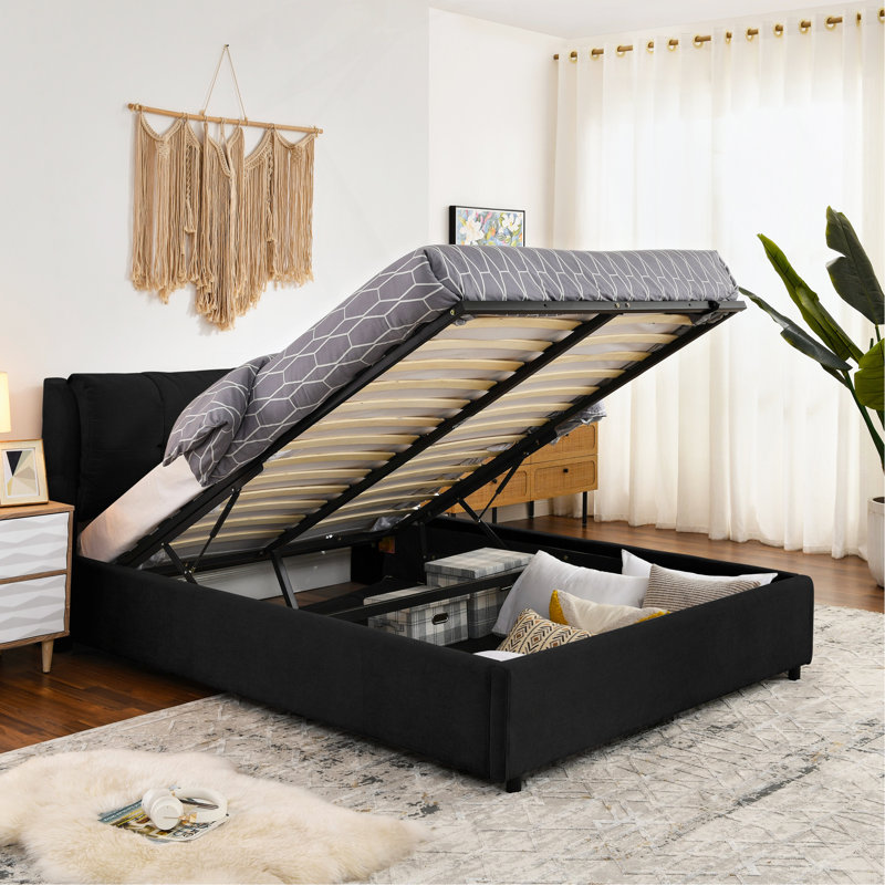 Grand lit plateforme tapissier hydraulique avec tête de lit intégrée, tissu chenille, noir, Grand lit, Noir, noir, noir, noir