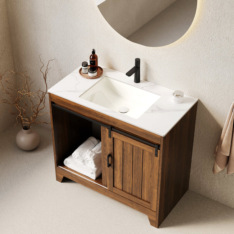 Meuble-lavabo de salle de bain avec lavabo, armoire de rangement autoportante avec porte de grange coulissante et tablettes, rangement de salle de bain pour la maison