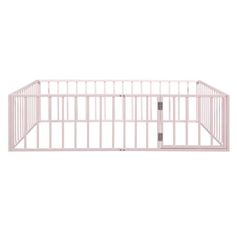 Metal Floor Bed Frame With Fence And Door, Queen, Pink