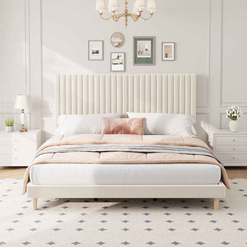 King Bed Frame with Adjustable Headboard, Velvet Upholstered Platform King Size Bed Frame, Vertical Channel Tufted, Strong Wooden Slats, No Box Spring Needed, Easy Assembly, Beige