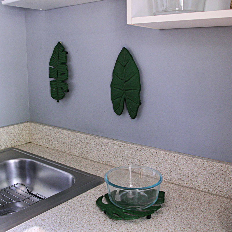Ensemble de 3 décorations murales feuilles tropicales en fonte verte vieillie