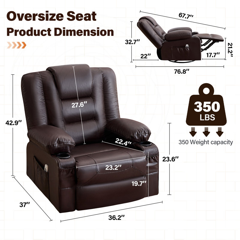 Fauteuil inclinable surdimensionné avec fauteuil massant, chauffant et port USB, Cuir brun, Brun