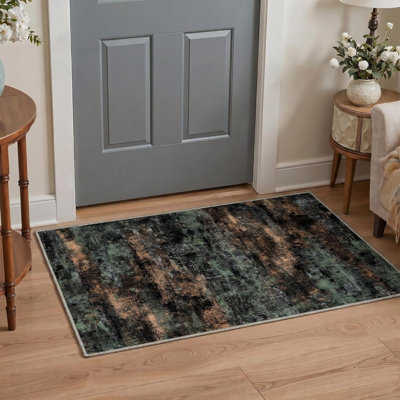 Tapis de couloir 2 x 7 pour la cuisine de couloir, tapis de couloir lavable à la machine pour le vestibule, tapis décoratifs modernes et doux, revêtement de sol à poils courts avec envers antidérapant, noir / vert terreux