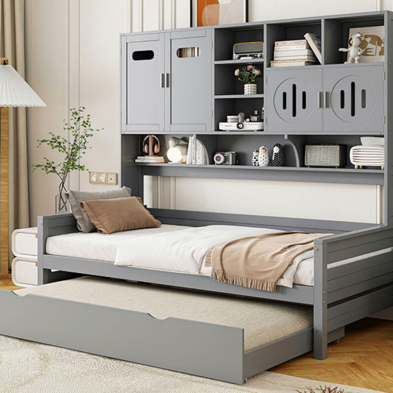 Lit de jour en bois avec lit gigogne simple, armoire et tablette tout-en-un (lit de jour), Lit simple, Gris