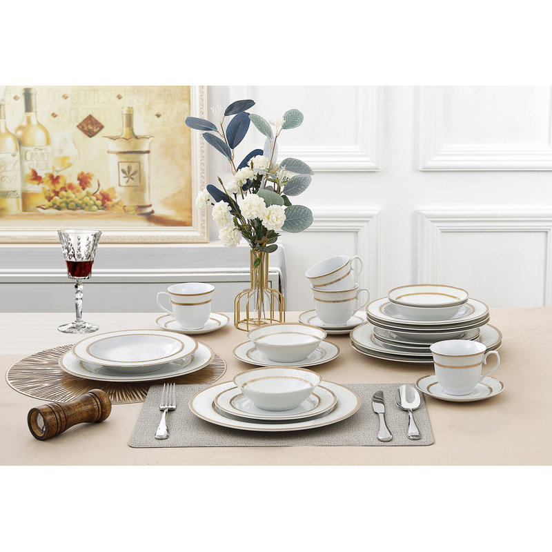Amelia White and Gold Porcelain 24-Piece Dinnerware Set