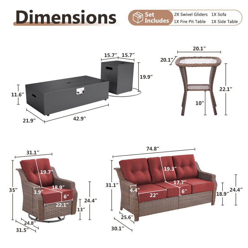  Acton 5-Piece Outdoor Wicker Patio Conversation Set With Swivel Chairs And Metal Fire Pit, Red
